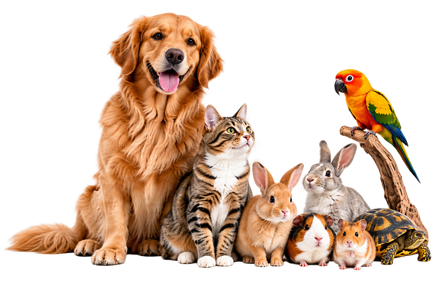 A golden retriever, a tabby cat, two rabbits, a guinea pig, a hamster, a tortoise and a parrot sitting together